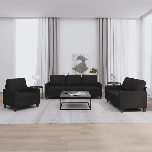 Conjunto de Sofás com Almofadões Tecido Preto (3 pcs)