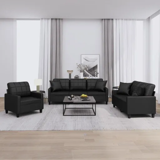 Conjunto de Sofás com Almofadas Couro Artificial Preto (3 pcs)