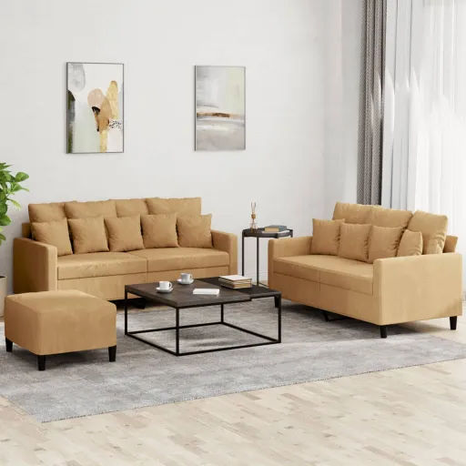 Conjunto de Sofás com Almofadões Veludo Castanho (3 pcs)