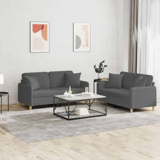 Conjunto de Sofás com Almofadas Tecido Cinzento-Escuro (2 pcs)