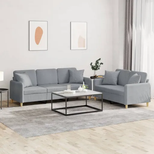 Conjunto de Sofás com Almofadas Tecido Cinzento-Claro (2 pcs)