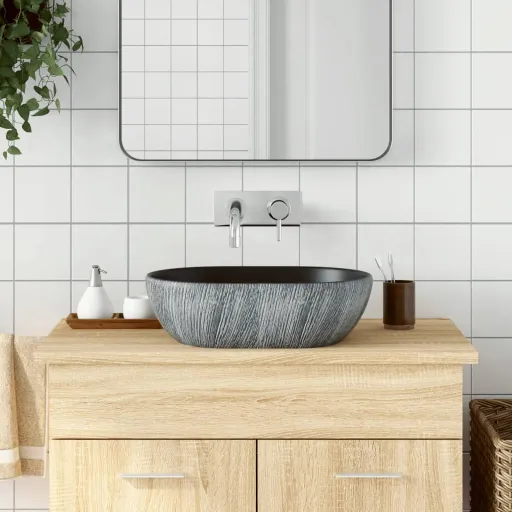 Lavatório de Bancada Oval 47x33x13 cm Cerâmica Preto e Cinza