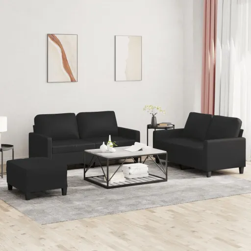 Conjunto de Sofás com Almofadões Couro Artificial Preto (3 pcs)