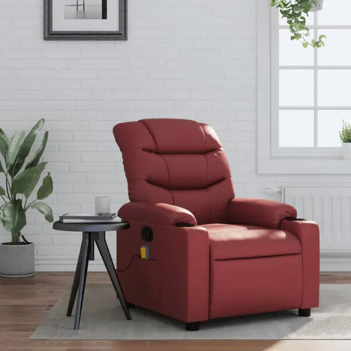 Poltrona Massagens Reclinável Couro Artificial Vermelho Tinto