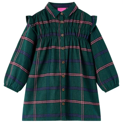 Vestido de Criança com Manga Comprida e Folhos Verde-Escuro 140