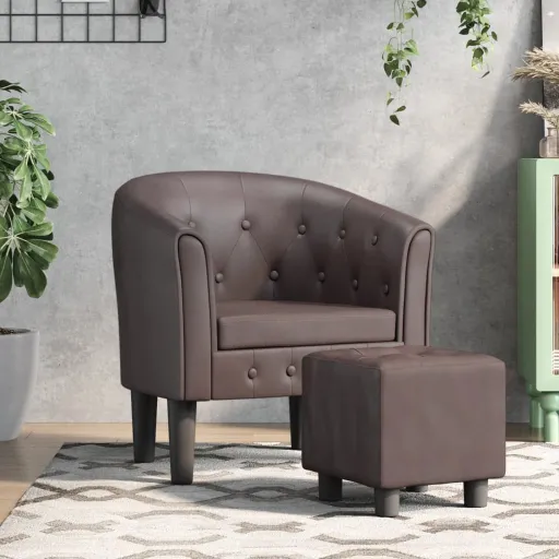 Poltrona com Apoio de Pés Couro Artificial Castanho