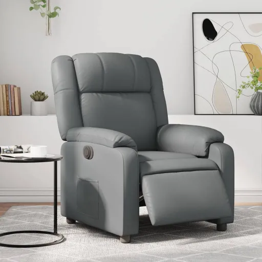 Poltrona Reclinável Elétrica Couro Artificial Cinzento
