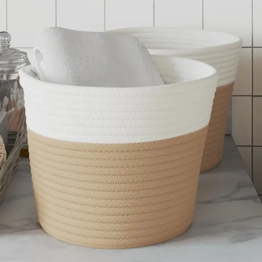 Cestos de Arrumação   Ø24x18 cm Algodão Bege e Branco (2 pcs)