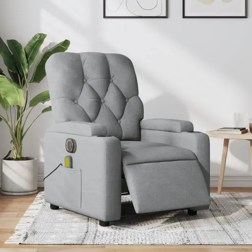 Poltrona de Massagens Reclinável Elétrica Tecido Cinzento-Claro