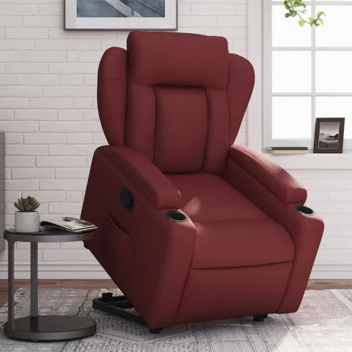 Poltrona Reclinável Elevatória Couro Artificial Vermelho Tinto