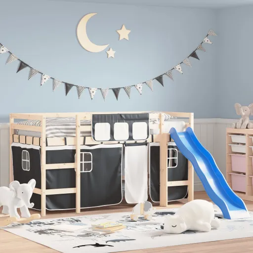 Cortinas para Cama Elevada Poliéster Branco e Preto