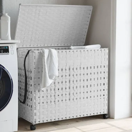 Cesto para Roupa Suja com Rodas 66x35x60 cm Vime Branco