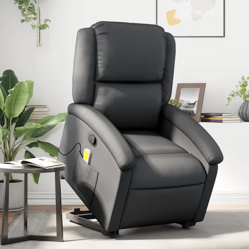 Poltrona Massagens Reclinável Elevatória Couro Genuíno Preto