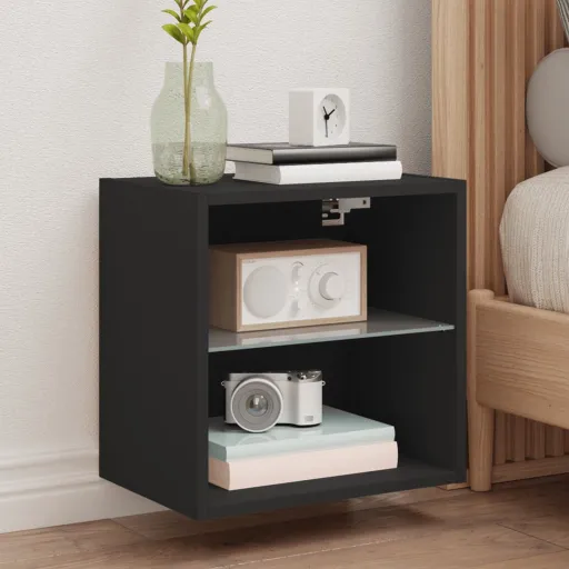 Mesa de Cabeceira de Parede com Luzes LED Preto