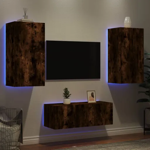 Móveis Parede p/ TV c/ LEDs Deriv. Madeira Carvalho Fumado (4 pcs)