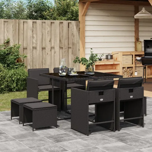 Conjunto de Jantar p/ Jardim c/ Almofadões Vime PE Preto (9 pcs)