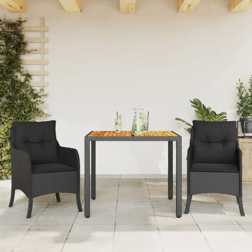 Conjunto de Jantar p/ Jardim c/ Almofadões Vime PE Preto (3 pcs)