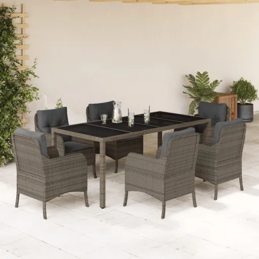 Conjunto de Jantar p/ Jardim c/ Almofadões Vime PE Cinza (7 pcs)