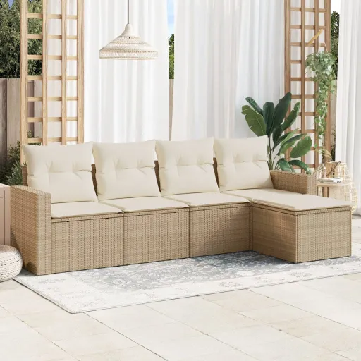 Conjunto de Sofás p/ Jardim com Almofadões Vime PE Bege (5 pcs)