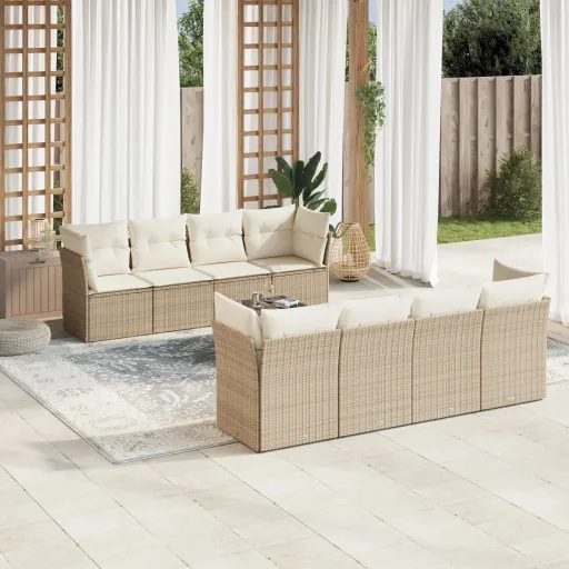 Conjunto de Sofás p/ Jardim com Almofadões Vime PE Bege (9 pcs)