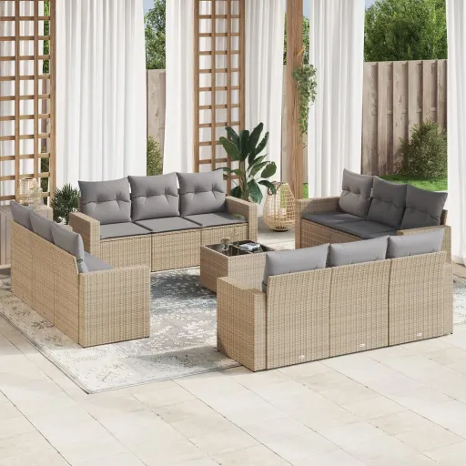 Conjunto de Sofás p/ Jardim com Almofadões Vime PE Bege (13 pcs)
