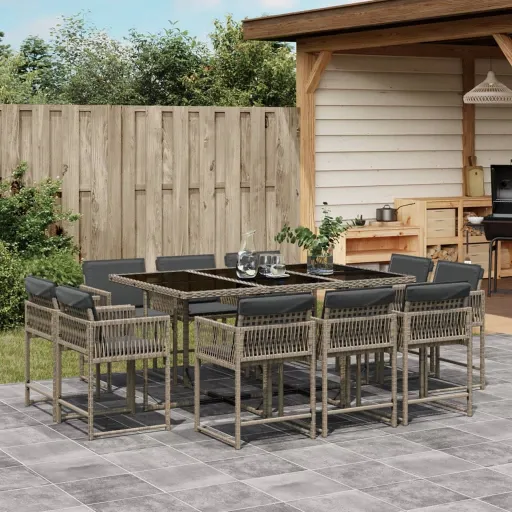 Conjunto Jantar p/ Jardim c/ Almofadões Vime PE Cinzento (11 pcs)