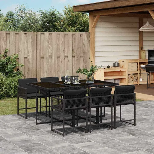 Conjunto de Jantar p/ Jardim c/ Almofadões Vime PE Preto (7 pcs)