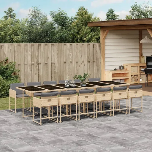 Conj. Jantar Jardim c/ Almofadões Vime PE Bege Misturado (13 pcs)