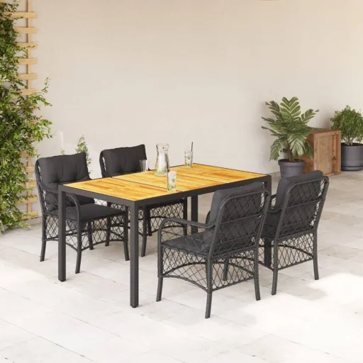Conjunto de Jantar p/ Jardim c/ Almofadões Vime PE Preto (5 pcs)