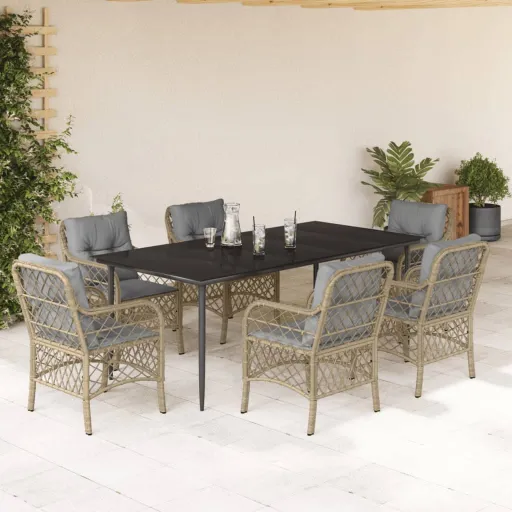 Conj. Jantar Jardim c/ Almofadões Vime PE Bege Misturado (7 pcs)