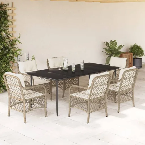 Conjunto de Jantar p/ Jardim com Almofadões Vime PE Bege (7 pcs)