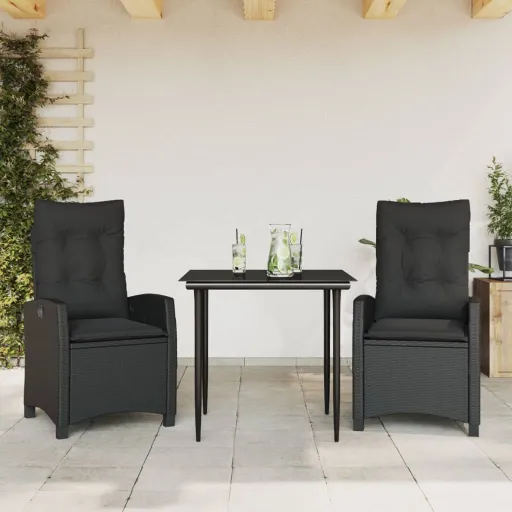 Conjunto de Jantar p/ Jardim c/ Almofadões Vime PE Preto (3 pcs)