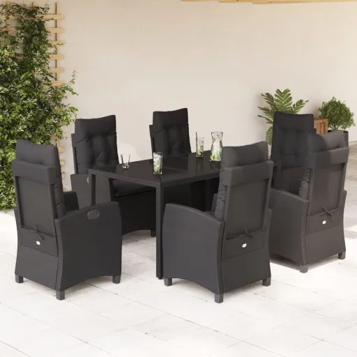 Conjunto de Jantar p/ Jardim c/ Almofadões Vime PE Preto (7 pcs)