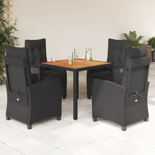 Conjunto de Jantar p/ Jardim c/ Almofadões Vime PE Preto (5 pcs)