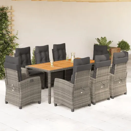 Conjunto de Jantar p/ Jardim c/ Almofadões Vime PE Cinza (9 pcs)
