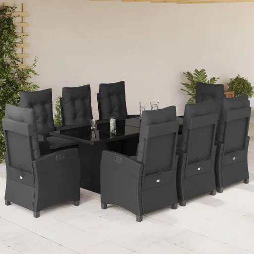 Conjunto de Jantar p/ Jardim c/ Almofadões Vime PE Preto (9 pcs)