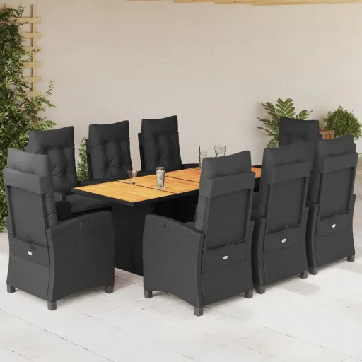 Conjunto de Jantar p/ Jardim c/ Almofadões Vime PE Preto (9 pcs)