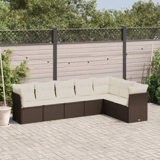 Conjunto de Sofás Jardim c/ Almofadões Vime PE Castanho (7 pcs)