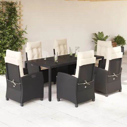 Conjunto de Jantar p/ Jardim c/ Almofadões Vime PE Preto (7 pcs)