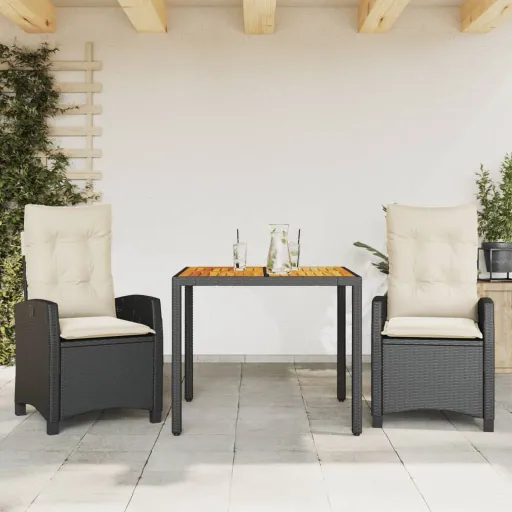 Conjunto de Jantar p/ Jardim c/ Almofadões Vime PE Preto (3 pcs)