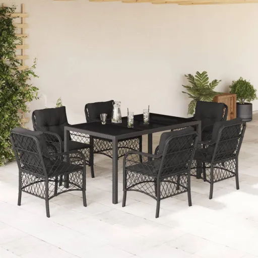 Conjunto de Jantar p/ Jardim c/ Almofadões Vime PE Preto (7 pcs)