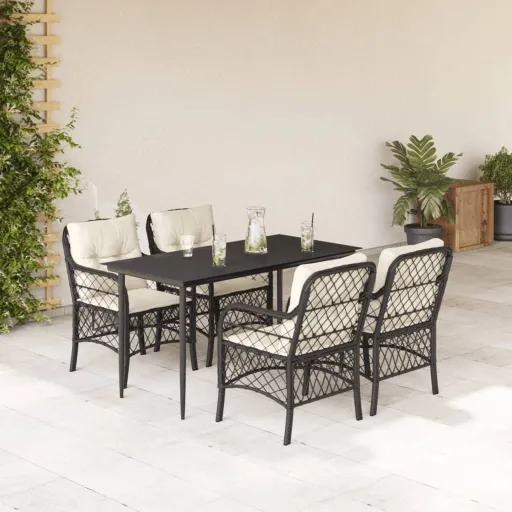 Conjunto de Jantar p/ Jardim c/ Almofadões Vime PE Preto (5 pcs)