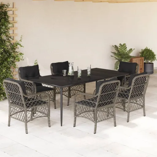 Conjunto de Jantar p/ Jardim c/ Almofadões Vime PE Cinza (7 pcs)