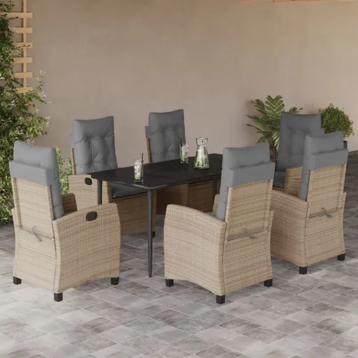 Conj. Jantar Jardim c/ Almofadões Vime PE Bege Misturado (7 pcs)