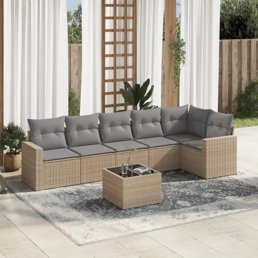 Conjunto de Sofás p/ Jardim com Almofadões Vime PE Bege (7 pcs)