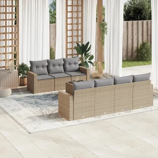 Conjunto de Sofás p/ Jardim com Almofadões Vime PE Bege (8 pcs)