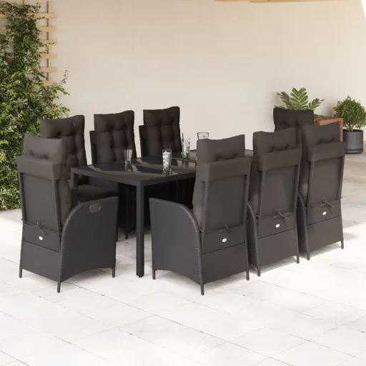 Conjunto de Jantar p/ Jardim c/ Almofadões Vime PE Preto (9 pcs)