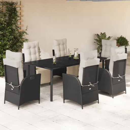 Conjunto de Jantar p/ Jardim c/ Almofadões Vime PE Preto (7 pcs)