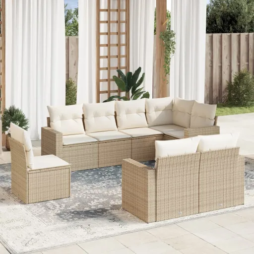 Conjunto de Sofás p/ Jardim com Almofadões Vime PE Bege (8 pcs)