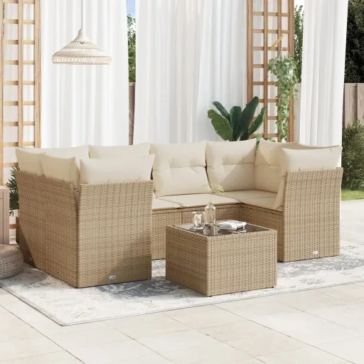 Conjunto de Sofás p/ Jardim com Almofadões Vime PE Bege (7 pcs)